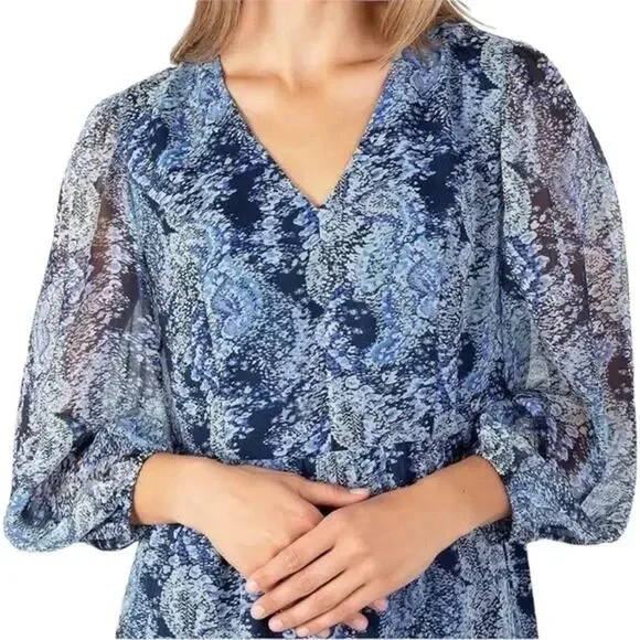 Joie NWT XXL Blue Parisian Paisley Sheer Long Balloon Sleeve Tiered Midi Dress - Picture 2 of 15